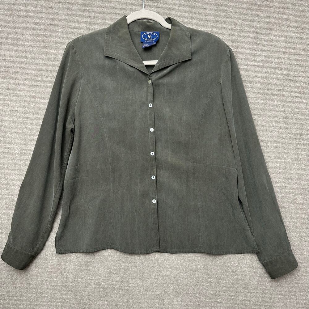 Chelsea Cambell 14 P Olive Green SILK Button Blouse Notch Collar Long Sleeves